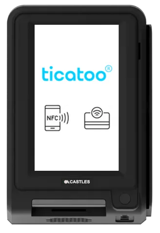 Card payment terminal with the Ticatoo logo on its screen